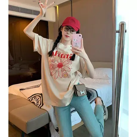 港风ins重磅纯棉短袖T恤女大版中长款夏季宽松半袖显瘦百搭上衣服商品大图