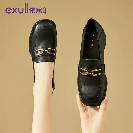 依思q黑色金扣乐福鞋高跟2024新款春秋软皮厚底皮鞋英伦风小皮鞋商品大图