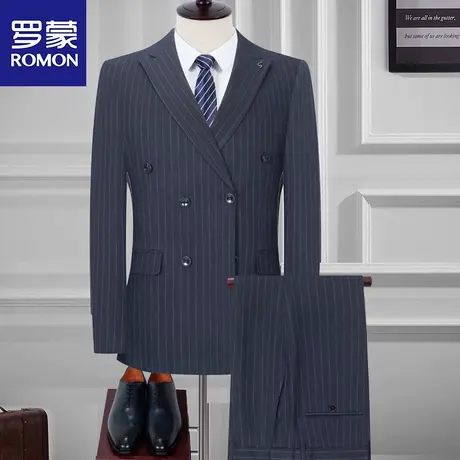 罗蒙正装双排扣西服套装男英伦商务休闲新郎结婚礼服条纹西装外套图片