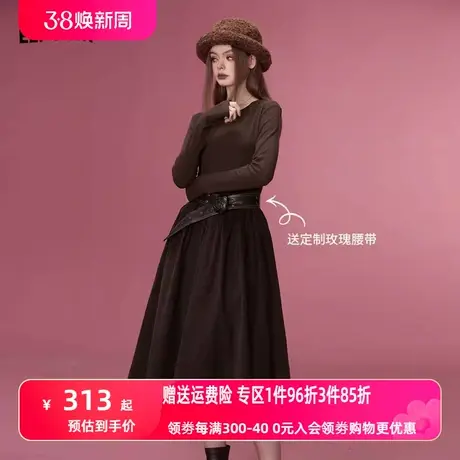 妖精的口袋【送腰带】拼接复古长袖连衣裙女2023冬新款灯芯绒长裙商品大图