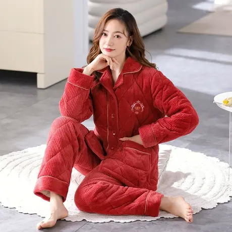 婷美夹棉袄睡衣女士冬季三层保暖加绒加厚珊瑚绒秋冬天家居服套装商品大图