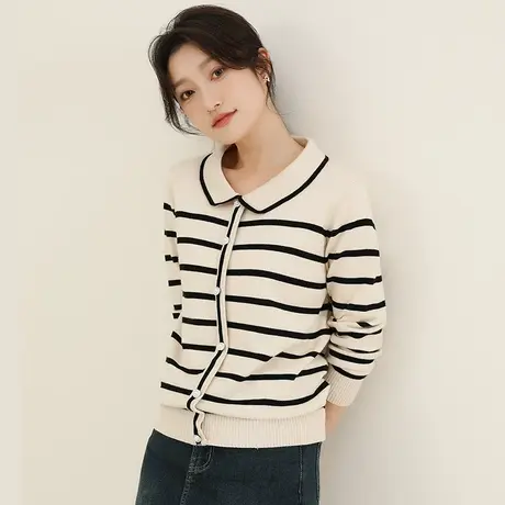 韩潮袭人法式条纹针织衫女2023秋季新款休闲长袖设计感气质上衣商品大图