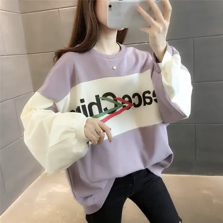 字母印花拼色卫衣女宽松2023年秋装新款女装韩版慵懒风上衣外套潮图片