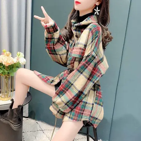 2022春秋新款韩版磨毛格子衬衣外套女休闲百搭复古中长款长袖上衣商品大图