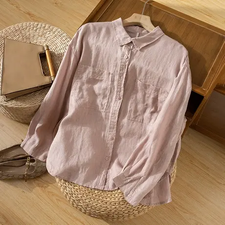 享永子亚麻衬衫女文艺复古宽松显瘦棉麻上衣百搭休闲2023秋季新款商品大图