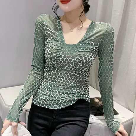 性感V领长袖T恤女春秋2023新款设计感烧花上衣修身显瘦百搭打底衫商品大图