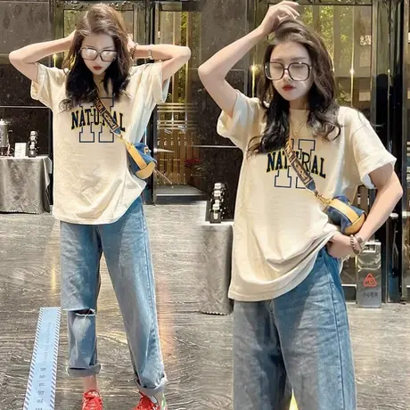 杏色纯棉短袖t恤女装2023新款欧货宽松大码印花港味chic上衣夏季商品大图