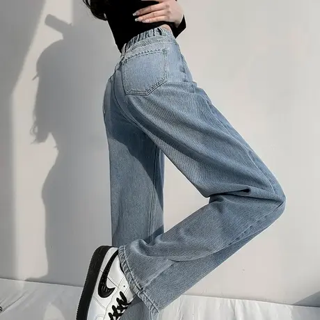 浅色阔腿牛仔裤女春秋2023年新款直筒宽松高腰显瘦百搭松紧腰裤子商品大图