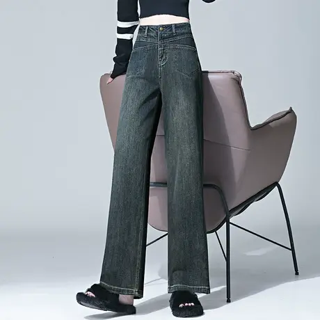 牛仔直筒裤女秋装小个子潮流复古大码拖地裤设计感拼接窄版阔腿裤商品大图
