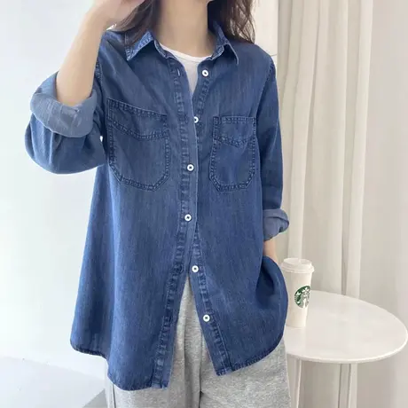 2023春季新款蓝色牛仔衬衫女上衣休闲宽松百搭纯色衬衣长袖外套潮图片
