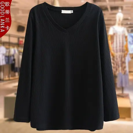 中年40岁妈妈春秋长袖V领上衣洋气加肥加大码女装坑条纯棉打底衫图片