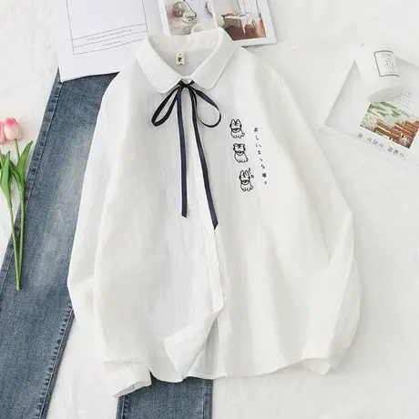 2021年双层棉纱刺绣小猫长袖衬衫女秋装百搭文艺学生白色打底衬衣图片