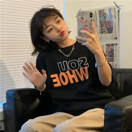 红续字母港风新款夏装2023韩版百搭宽松ins圆领纯棉短袖T恤女盐系商品大图