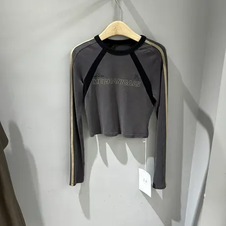 秋装新款圆领字母图案拼色短款长袖T恤女百搭打底衫洋气上衣ins潮商品大图