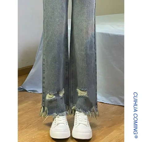 美式复古破洞牛仔裤女春秋直筒设计感小众显瘦阔腿裤子ins潮高街商品大图