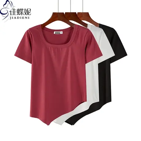夏季新款韩版圆领短款不规则纯棉宽松休闲纯色简约短袖体恤上衣女商品大图