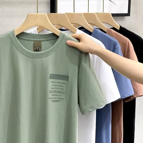 休闲美式2023春夏新款短袖T恤男圆领半袖印花宽松潮流纯棉打底衫商品大图
