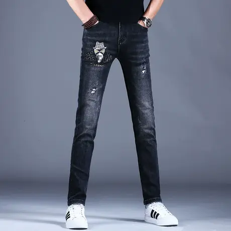 破洞烫钻牛仔裤男百搭修身小脚休闲裤子2023新款夏季弹力韩版男款商品大图