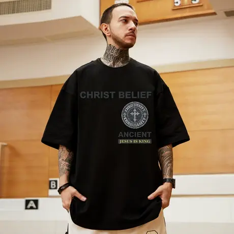 oversize美式简约潮牌大码胖子男装国潮宽松短袖T恤潮流ins半袖夏商品大图