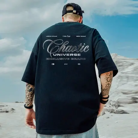 300g重磅美式字母印花短袖t恤街头大码黑色圆领纯棉嘻哈半袖男潮商品大图