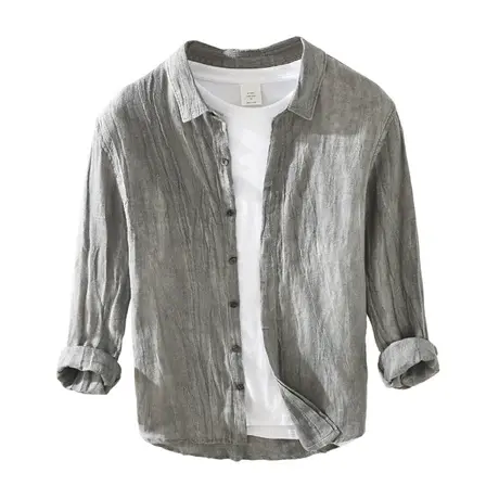 萨法瑞亚麻衬衫男长袖秋季新款棉麻男士翻领休闲衬衣纯色宽松上衣商品大图