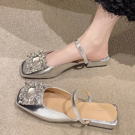 法式粗跟包头拖鞋女仙女鞋子2023年新款夏季方头水钻玛丽珍单鞋商品大图