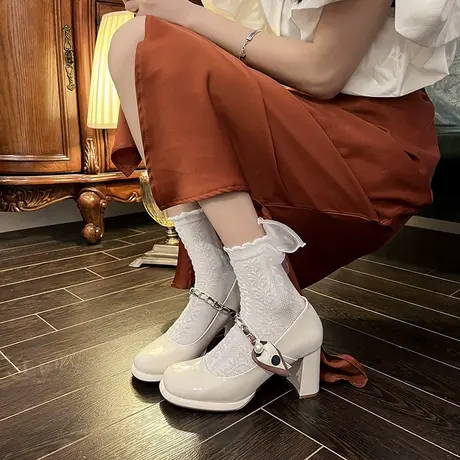 永希高跟鞋女2023春夏新款浅口粗跟小皮鞋温柔法式白色玛丽珍单鞋商品大图