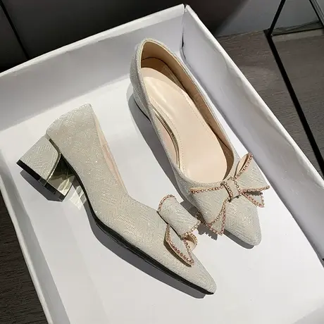 晚晚鞋法式粗跟高跟鞋尖头单鞋女2023年新款春季百搭中跟尚仙女风图片