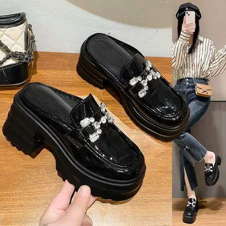 包头半拖鞋女外穿2023年夏天懒人拖鞋穆勒凉拖鞋单鞋半托乐福皮鞋商品大图