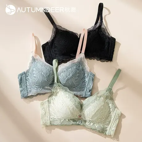 秋鹿性感蕾丝内衣女小胸聚拢厚款上托无钢圈文胸调整型收副乳胸罩图片