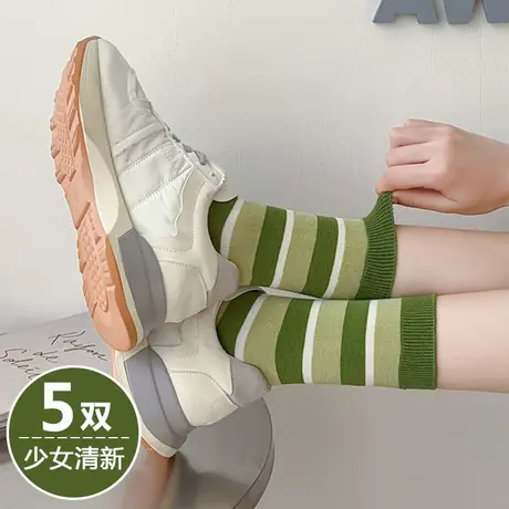 绿色条纹袜子女春秋款中长筒潮堆堆棉袜配小白鞋运动鞋老爹鞋好看图片