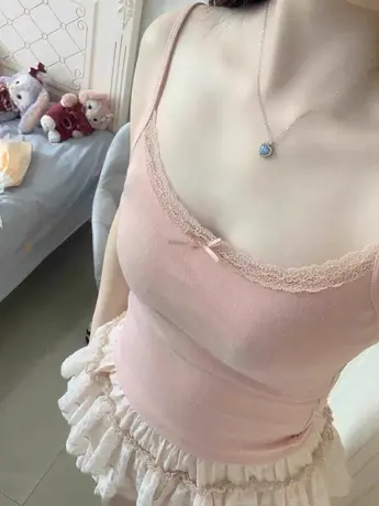 纯欲风蕾丝吊带背心女春夏修身蝴蝶结带胸垫内搭外穿磨毛打底上衣图片