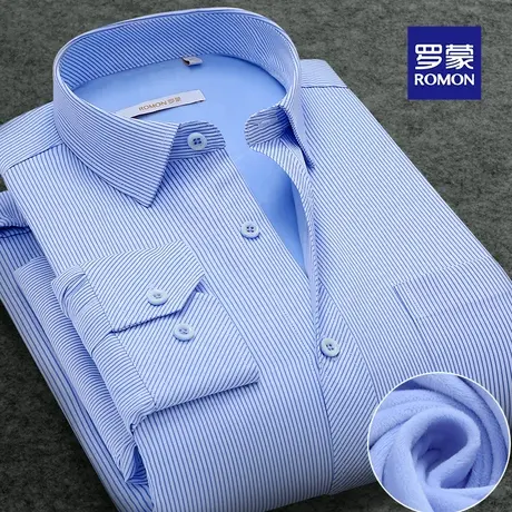 Romon/罗蒙冬季加绒加厚保暖衬衫男士商务休闲中老年宽松大码衬衣商品大图