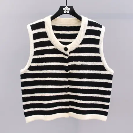 撞色条纹针织开衫马甲女秋冬2023新款宽松外搭无袖背心坎肩马夹图片