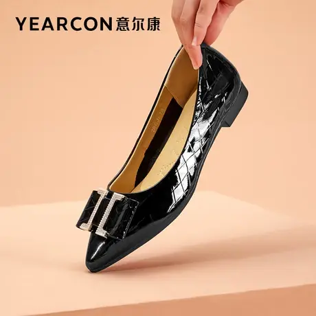 意尔康女鞋2023春季新款尖头浅口平底单鞋女漆皮时装小皮鞋低跟鞋商品大图