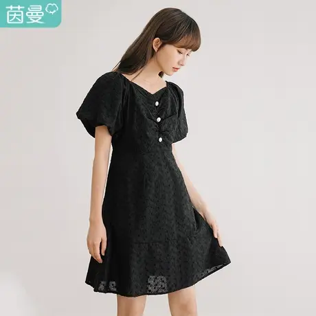 茵曼特价清仓夏装女复古桃心领设计泡泡袖镂空提花短袖连衣裙图片