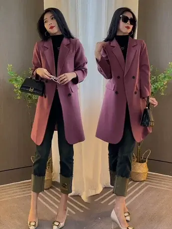 2023秋季新款斜纹双排扣中长款西装外套女高级感复古赫本风大衣女商品大图