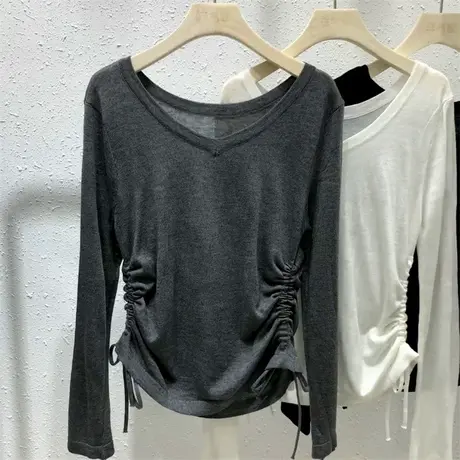 秋季上衣女新款2023纯色套头V领抽绳长袖针织衫毛衣设计感打底衫商品大图