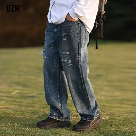 男士蓝色破洞牛仔裤男直筒宽松春夏款潮牌裤子2023新款休闲直筒裤商品大图