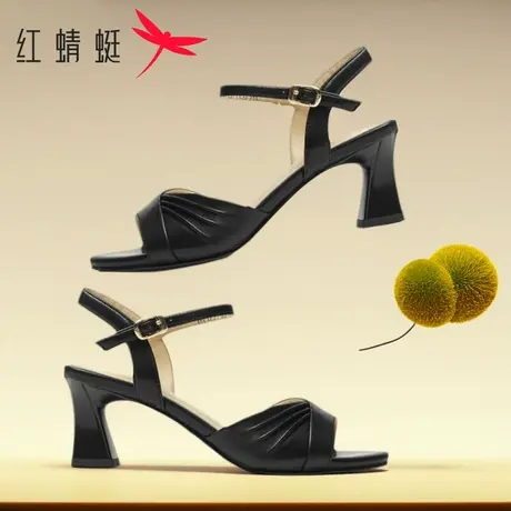 红蜻蜓女鞋2025夏季新款一字带法式高跟鞋时尚百搭真皮粗跟凉鞋女图片