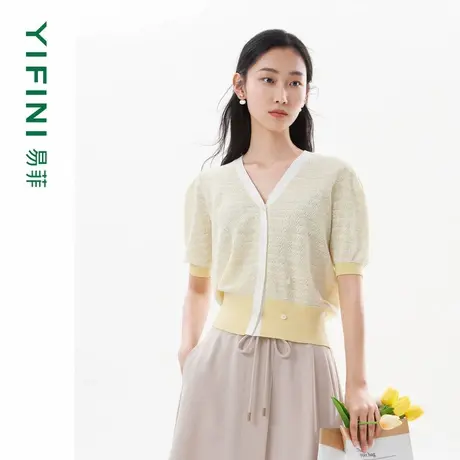 [专柜同款]Yifini/易菲宽松短款毛织外套女V领针织开衫夏装新款图片