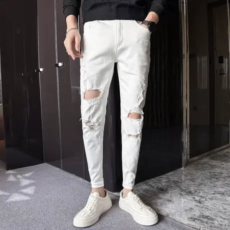 新款四季男裤青年潮流破洞铅笔裤做旧复古男士修身小脚白色牛仔裤图片