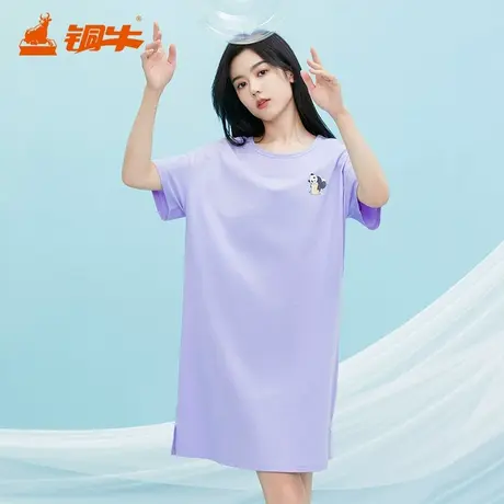 铜牛韶棉圆领半袖落肩家居女裙 2024春夏新款纯棉睡裙家居裙VQ076商品大图