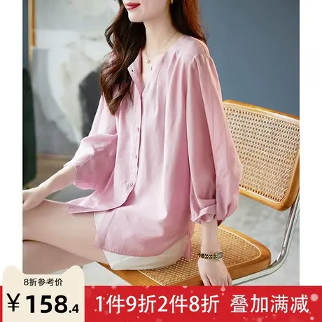 宝诗黎圆领OL气质长袖宽松衬衫2023夏季新款时尚简约纯色女士衬衣商品大图
