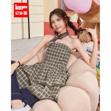 IEF/爱依服2025夏季新款可丽露纯欲性感风设计感格子显瘦裹胸上衣图片