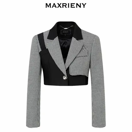 【奥莱】MAXRIENY黑白拼接格纹不对称西装截短款早秋短外套女商品大图