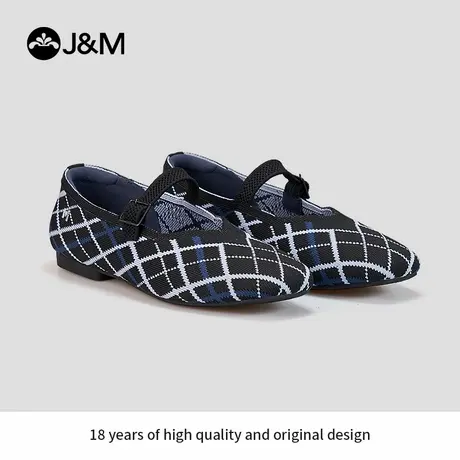 J&M/快乐玛丽女鞋夏季格子飞织法式方头平底鞋软底舒适玛丽珍单鞋商品大图