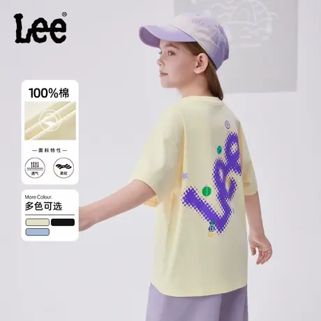 lee小男女童装短袖T恤2025年新款夏季大童上衣薄款米黄色体恤图片