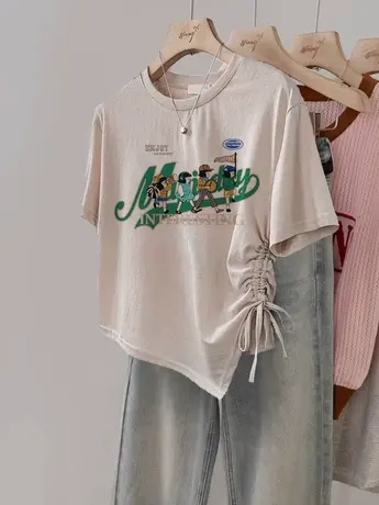 chic港味正肩t恤女夏不规则下摆抽绳上衣潮ins大码遮肚子复古短袖商品大图