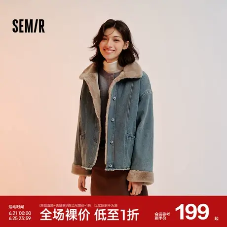 森马牛仔棉服女拼接毛领美式复古2024冬新款宽松毛边夹克街头潮流图片